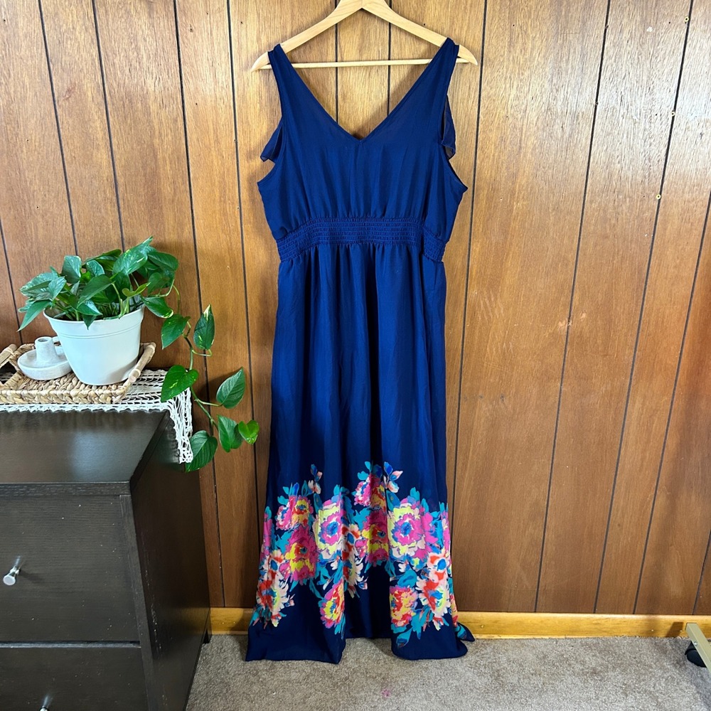 Old Navy Royal Blue Floral Border Print Ruffle Maxi Dress Womens Large Smocked - Picture 7 of 7